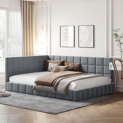 Full Size Upholstered Daybed,Velvet Floor Sofa Bed with Backrest and Armrests,Full Daybed Wood Slats Supports for Living Room BedroomGrey