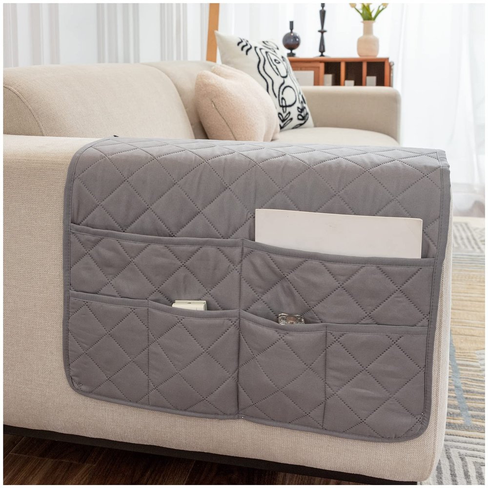 AWAV Sofa Armrest Organizer with 6 Pockets Armchair Organiser Soft Anti-slip Armchair Storage Bag Bedside Pocket for Phone Magazine Books Glasses Drinker Snack, Space Saver Bag (Grey)