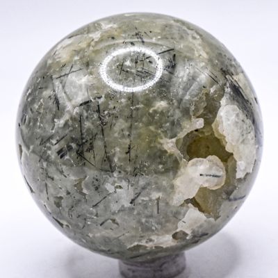 2.1" 250g Green Prehnite w/Black Tourmaline & Open Druzy Sphere Polished Natural Gemstone Crystal Mineral Collectible Ball - Mali + Stand