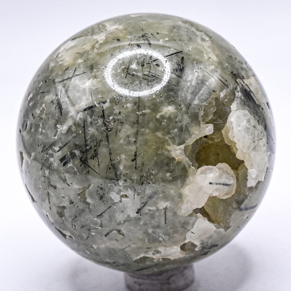 2.1" 250g Green Prehnite w/Black Tourmaline & Open Druzy Sphere Polished Natural Gemstone Crystal Mineral Collectible Ball - Mali + Stand