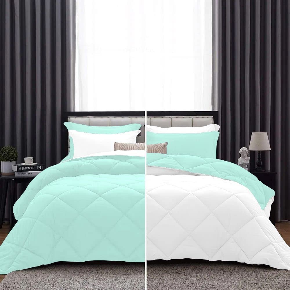 5 Piece Luxury Reversible Diamond Pattern Comforter Premium Super Soft 550 GSM All Season 1000 TC 100% Egyptian Cotton Oversized Super King Size Aqua/White Solid Color