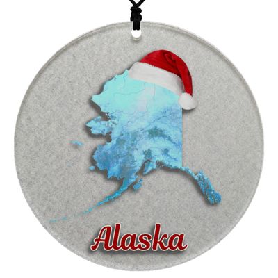 Alaska Christmas Ornament - Winter Theme Featuring Snow, State Terrain Map and Santa Cap - 2026 Hanging Acrylic Disc Decoration for Tree - Unique and Home Decor