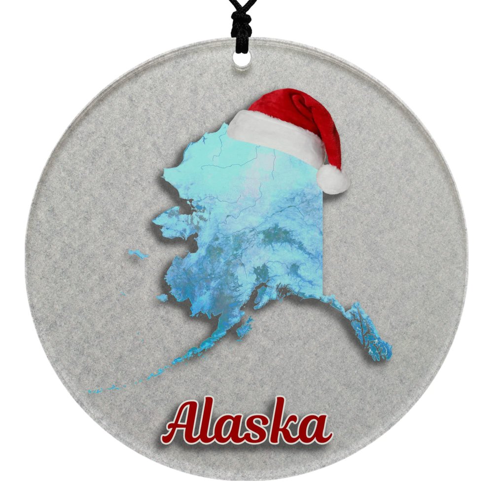 Alaska Christmas Ornament - Winter Theme Featuring Snow, State Terrain Map and Santa Cap - 2026 Hanging Acrylic Disc Decoration for Tree - Unique and Home Decor