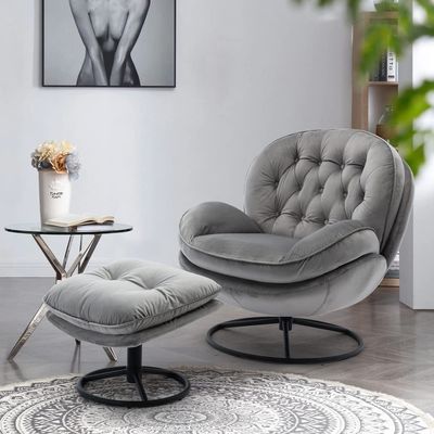 360 Swivel Chair Sofa Chair with Ottoman Set, Lounge Chair with Metal Base Frame & Footrest, Velvet Accent Chair TV Chair Upholstered Arm Chair Single Sofa for Living Room Bedroom Office, Gray
