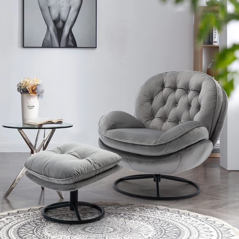 360 Swivel Chair Sofa Chair with Ottoman Set, Lounge Chair with Metal Base Frame & Footrest, Velvet Accent Chair TV Chair Upholstered Arm Chair Single Sofa for Living Room Bedroom Office, Gray