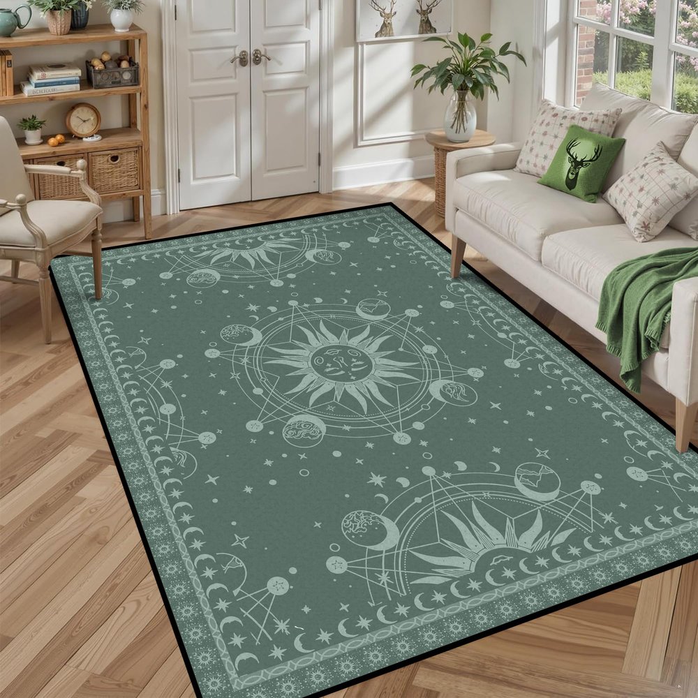 5' X 7' Sun and Moon Rug Boho Celestial Area Rugs for Bedroom Dorm Living Room Bohemian Occult Crescent Solar Stars Galaxy Floor Mat Pad Doormat Carpet,150 X 210cm,Corduroy
