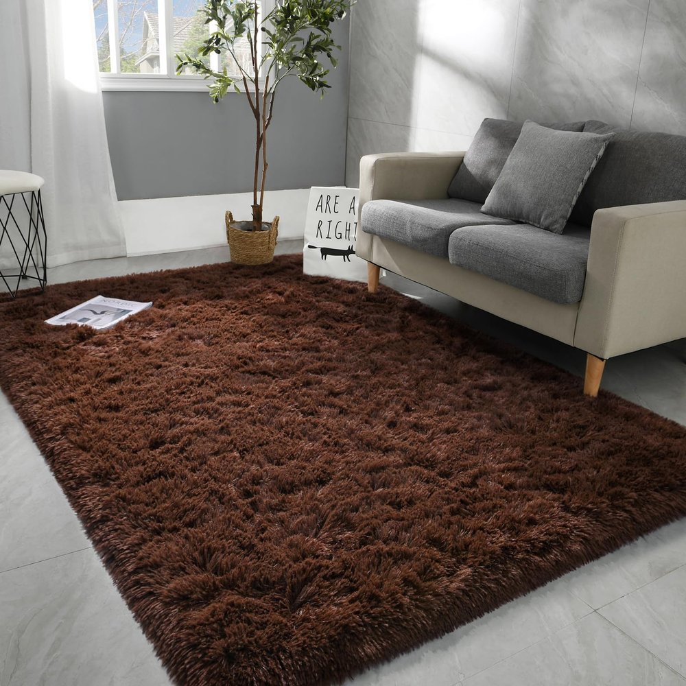 Hutha 5x8 Large Area Rugs for Living Room, Super Soft Fluffy Modern Bedroom Rug, Brown Coffee Indoor Shag Fuzzy Carpets for Girls Kids Nursery Room Home Decor