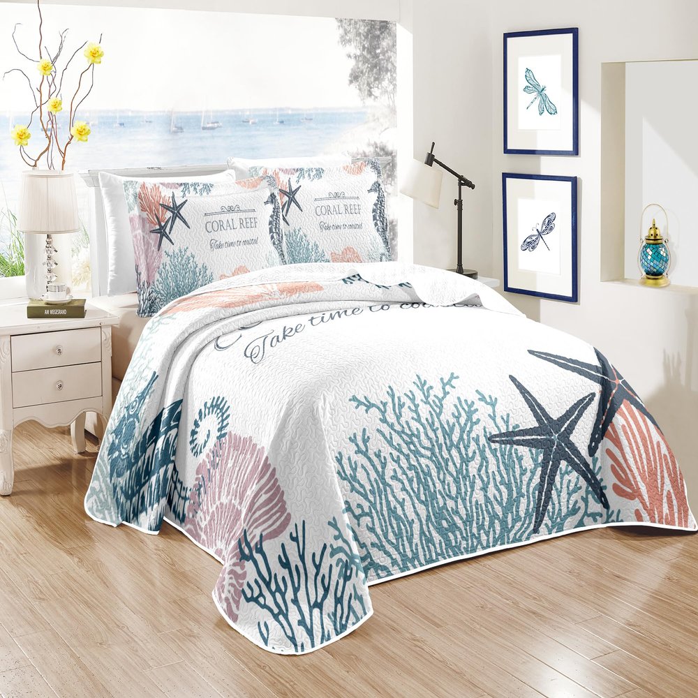 weesire Coastal Bedding Queen Size with 2 Shams, Nautical Beach Comforter Sets Ocean Bedspreads Coastal Coverlet Summer Bedding, 90''x96''