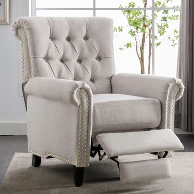 Yoluckea Push Back Single Recliner Chair Linen Tufted Reclining Reading Armchair, Modern Adjustable Home Theater Seating with with Nailheads Roll Arm (Tan)