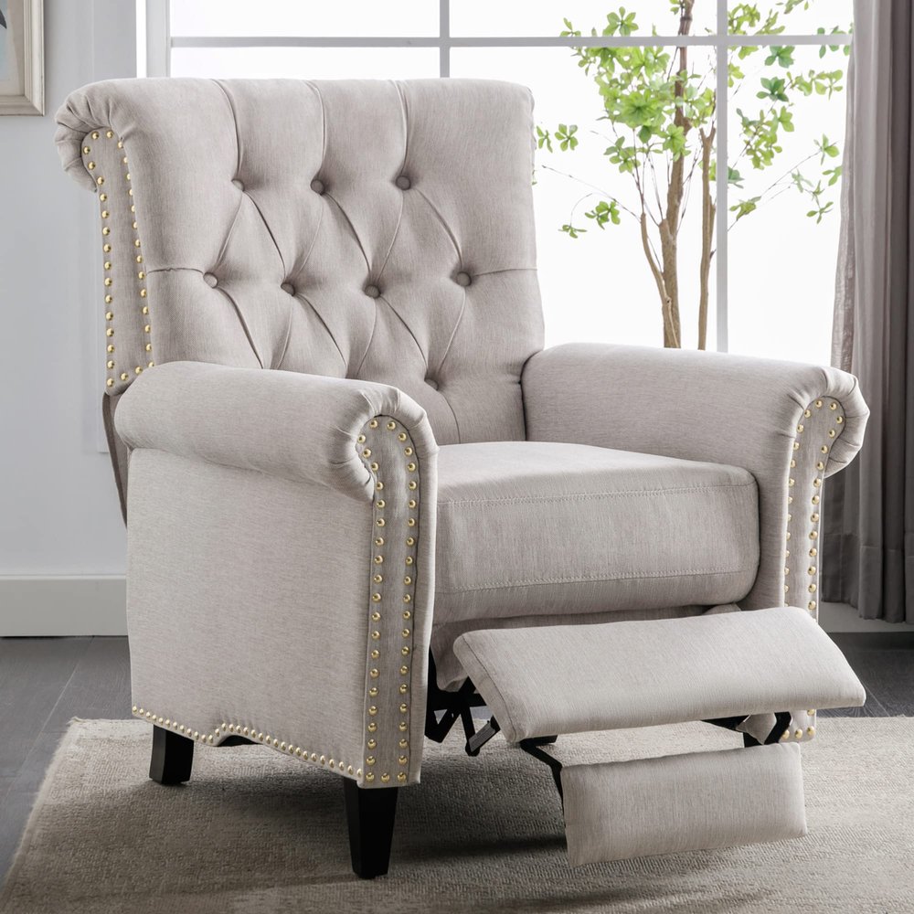 Yoluckea Push Back Single Recliner Chair Linen Tufted Reclining Reading Armchair, Modern Adjustable Home Theater Seating with with Nailheads Roll Arm (Tan)