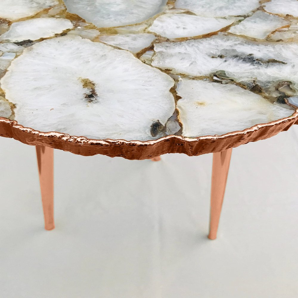 AANTHROPOLOGY By Rhea White Crystal Agate Organic Edge Side/Coffee Table (Rose Gold - Finish), Diameter(14 inch)