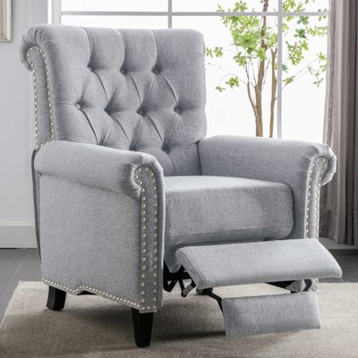 Yoluckea Push Back Single Recliner Chair Linen Tufted Reclining Reading Armchair, Modern Adjustable Home Theater Seating with with Nailheads Roll Arm (Gray)