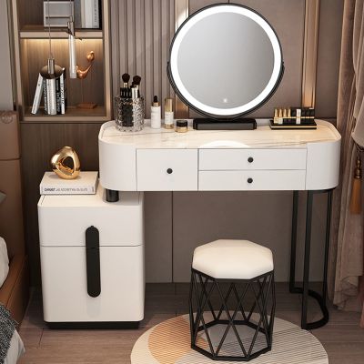YQMHEZ Makeup Vanity with LED Mirror Lights, Dressing Table with Movable Storage Cabinet and Drawers, Vanity Desk Modern Bedroom with Cushioned Stool(White B,100cm/39.3in)