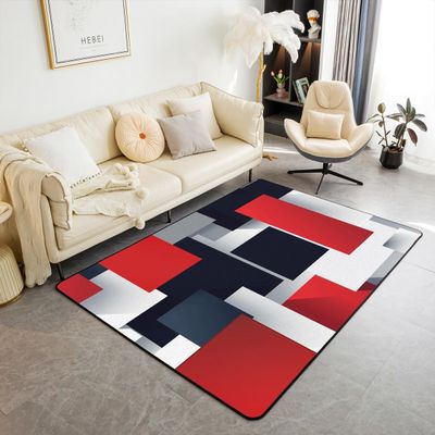 3D Abstract Design Area Rug 3'x5' Red Black Grey White Geometric Plaid Rug for Teens Adults Modern Simple Grid Decorative Washable Non Slip Carpet for Bedroom Office