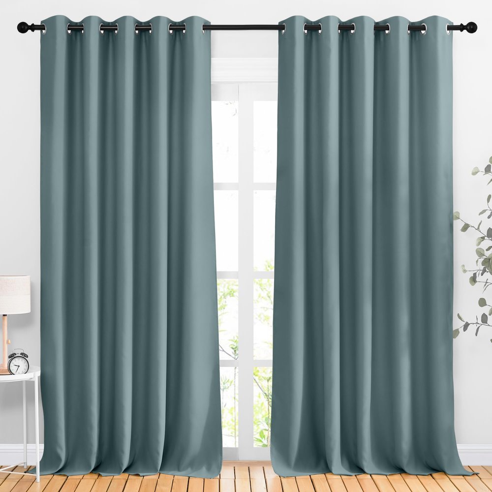 NICETOWN Greyish Blue Room Darkening Curtains 90 inch Length - Grommet Thermal Blackout Window Treatments Sound Proof Room Divider Drapes for Bedroom (2 Panels, W66 x L90)