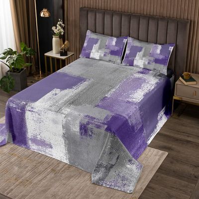Purple Abstract Bedspread Twin Size Gray Ombre Quilt Set, Gradient Grunge Coverlet Set Watercolor Tie Dye Bedding Set, Fluid Ink Geometric Bed Cover Hippie Artwork Room Decor, 2pcs Microfiber