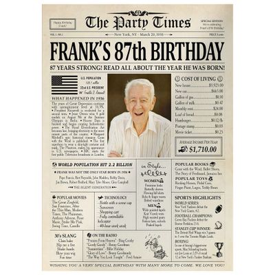 Customized Personal Historical Birthday Newspaper Poster No Frame, Canvas Framed 0.75 Inch Back In 1936 Gifts Idea Birthday Decor Art Print for the Day You Were Born from 1922 to 2022, birthday Gifts for Women or Men