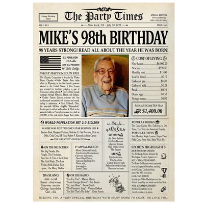 Customized Personal Historical Birthday Newspaper Poster No Frame, Canvas Back In 1925 Gifts Idea Birthday Decor Art Print for the Day You Were Born from 1922 to 2024, birthday Gifts for Women or Men
