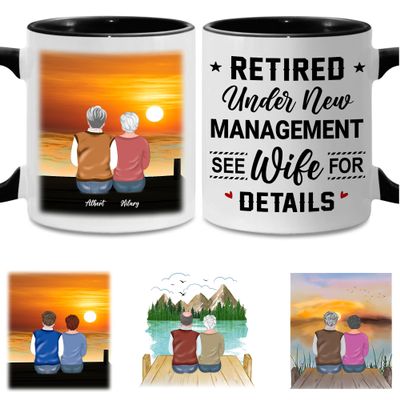 WHIDOBE Retirement Mug, Custom Coffee Mug with Avatars, Names for Husband, Wife, Retirement Gift for Dad, Boyfriend, Men on Father's Day Christmas, Retired Under New Management See Wife For Details V1