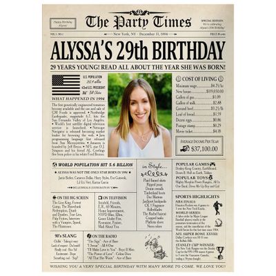 Customized Personal Historical Birthday Newspaper Poster No Frame, Canvas Framed 0.75 Inch Back In 1994 Gifts Idea Birthday Decor Art Print for the Day You Were Born from 1922 to 2022, birthday Gifts for Women or Men