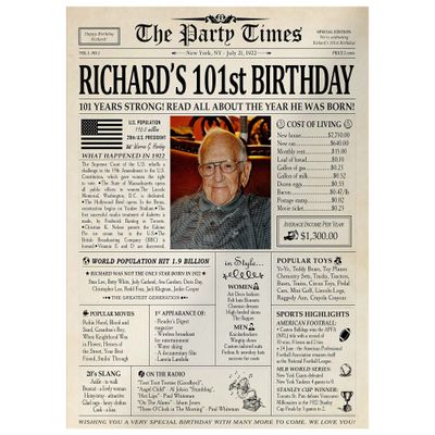 Customized Personal Historical Birthday Newspaper Poster No Frame, Canvas Framed 0.75 Inch Back In 1922 Gifts Idea Birthday Decor Art Print for the Day You Were Born from 1922 to 2022, birthday Gifts for Women or Men
