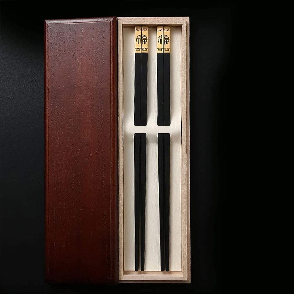 FAMMIX Natural Wood Chopsticks Gift Set with Gift Box,2 Pairs Wooden Hand Carved Chopsticks Reusable,Dishwasher Safe,Japanese Korean Chopsticks for Restaurant Home E