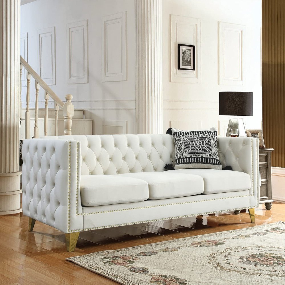 Antetek Comfy Upholstered Couches for Living Room, 80-inch Modern Button Tufted 3-Seater Sofa w/Square Arm, 4 Golden Metal Legs and Gold Nail Heads for Living Room, Office, Apartment, Beige