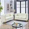 Antetek Comfy Upholstered Couches for Living Room, 80-inch Modern Button Tufted 3-Seater Sofa w/Square Arm, 4 Golden Metal Legs and Gold Nail Heads for Living Room, Office, Apartment, Beige view 3