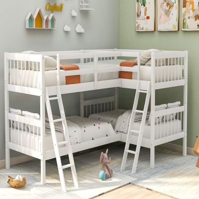 Merax L-Shaped Bunk Bed with Ladder for 4 People, Twin Size Wooden Bunk Bed Frame with Full-Length Guardrail, No Box Spring Required