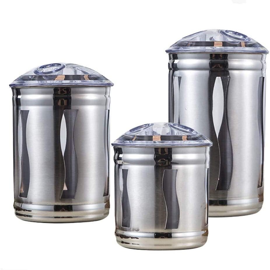 Food Storage Containers 3-Piece Food Storage Container For Kitchen Counter Brushed Stainless Steel Kitchen Canister Jars Set With Window,Pantry Organization And Storage For Tea Coffee Snacks Sugar