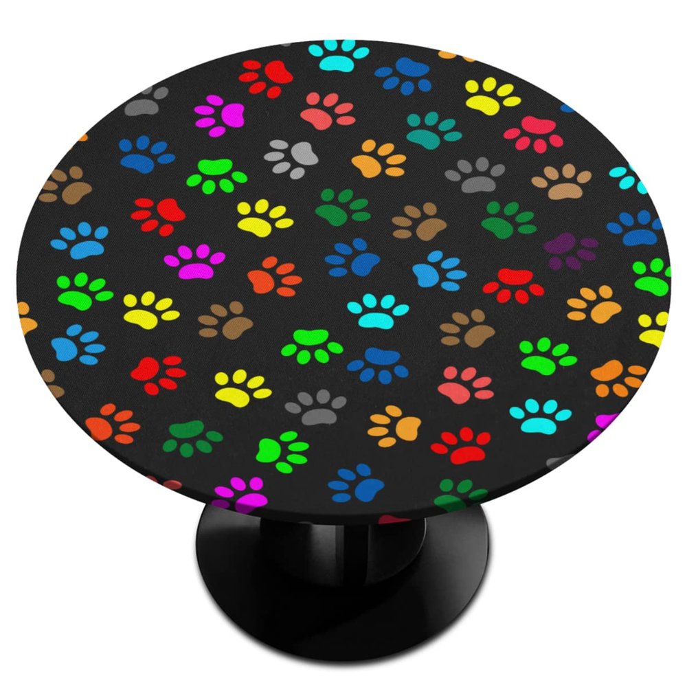 XMNYGJ Colorful Animal Pets Dog Cat Paw Prints Round Fitted Tablecloth Elastic Edge Waterproof Oil-Proof Table Cover Stain-Resistant Table Cloth Fits Round Tables 45 in to 56 in