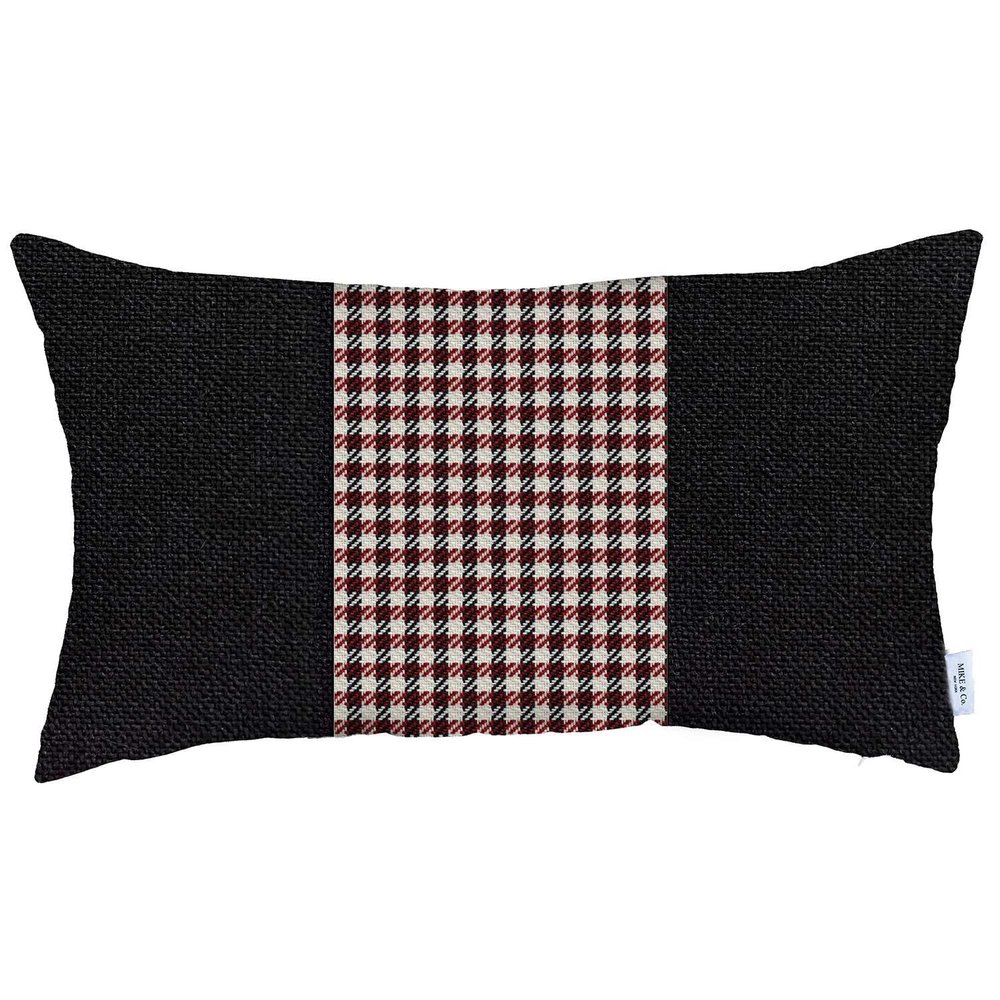 12" X 20" Black and Red Houndstooth Zippered Handmade Polyester Lumbar Pillow Cover