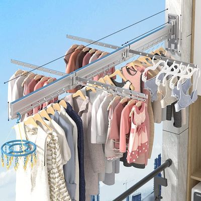 Versatile Wall Mounted Retractable Clothes Drying Rack - Heavy Duty Laundry Hanger with Space Saving Design and Collapsible Feature for Multifunctional Use (Silvery-3 pole with 4 Horizontal bar)