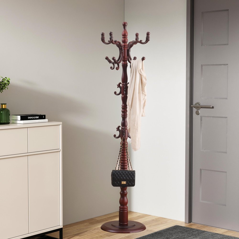 GAMNOF Wood Coat Rack Stand Wooden Coat Rack Freestanding Hall Coat Tree with Sturdy Round Base and 14 Hooks for Hats Bags Purses Vintage Coat Tree Hanger Stand for Entryway Hallway Bedroom, Brown
