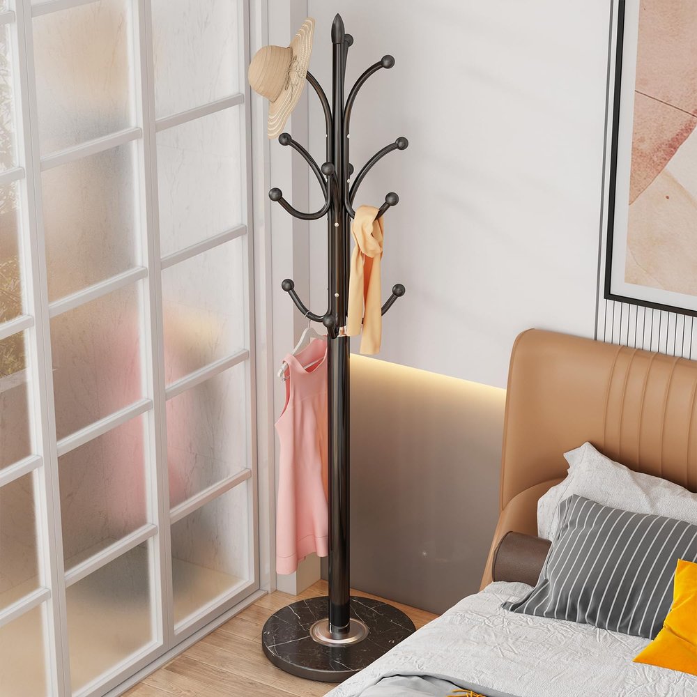GAMNOF Metal Coat Rack Freestanding Sturdy Heavy Duty Coat Rack Stand with Natural Marble Base Modern Coat Racks Hall Tree Hats Hanger Holder Stand with 12 Hooks for Entryway Hallway Office, Black