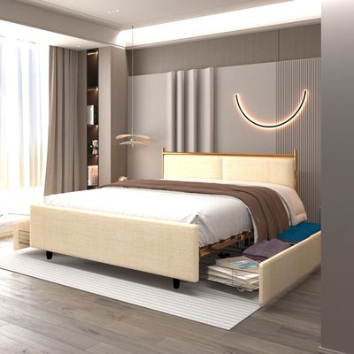 Anwickmak Classic Steamed Bun Back Metal Frame Solid Wood Ribs with Four Storage Drawers Spongy Bag Comfortable and Elegant Atmosphere No Box Spring NeededEasy Assembly k Size (Beige+Yellow)