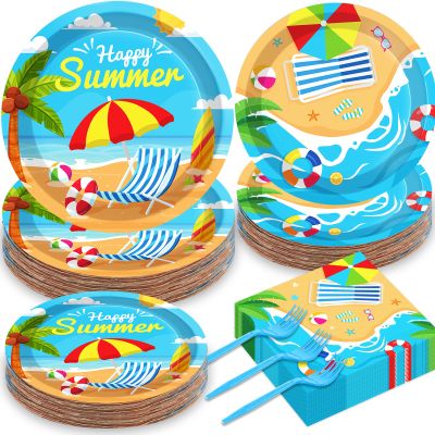 50 Guests Beach Plates and Napkins Party Supplies Summer Birthday Party Decorations Disposable Tableware Set Beach Dinnerware Favor for Kids, 200PCS