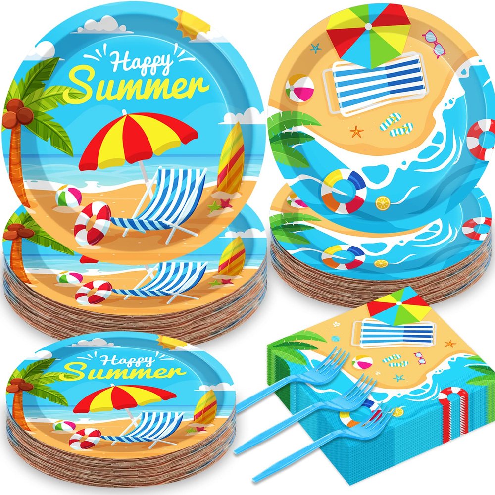 50 Guests Beach Plates and Napkins Party Supplies Summer Birthday Party Decorations Disposable Tableware Set Beach Dinnerware Favor for Kids, 200PCS