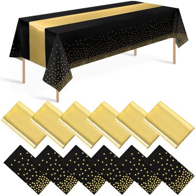 12 Pack Black and Gold Tablecloth and Table Runner Set Party Decorations, Black and Gold Plastic Disposable Tablecloth and Satin Table Runner for Wedding Birthday Bridal Graduation Anniversary Party