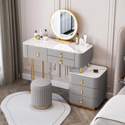 Vanity Desk 360 Swiveling Mirror, Dressing Table With LED Lights 3 Color Lighting, Modern Vanity Table Set With 6 Drawers And Cushioned Stool, For Girls Bedroom ( Color : Gray Gold A , Size : 80cm/31