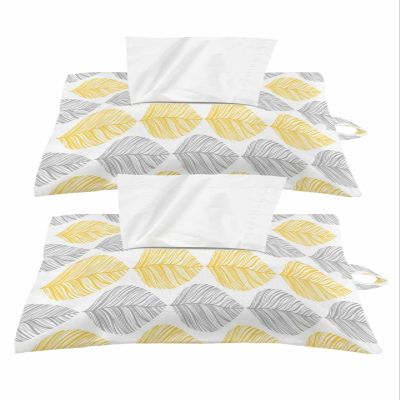 Yellow and Grey Leaf Texture Tissue Box Cover, Car Tissue Holder with Hanging, Abstract Art Leaves Toilet Tissue Holder for Bathroom Office Desk, Reusable Travel Tissue Box Holder 2PCS