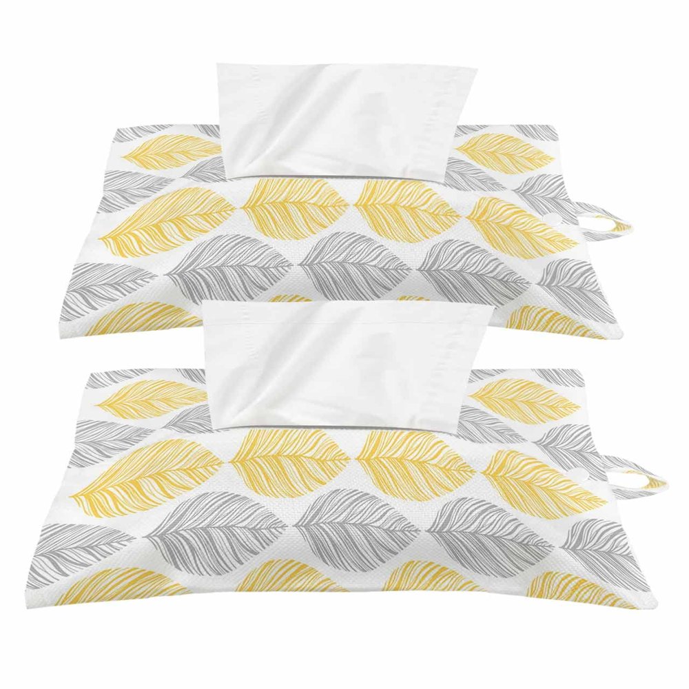 Yellow and Grey Leaf Texture Tissue Box Cover, Car Tissue Holder with Hanging, Abstract Art Leaves Toilet Tissue Holder for Bathroom Office Desk, Reusable Travel Tissue Box Holder 2PCS