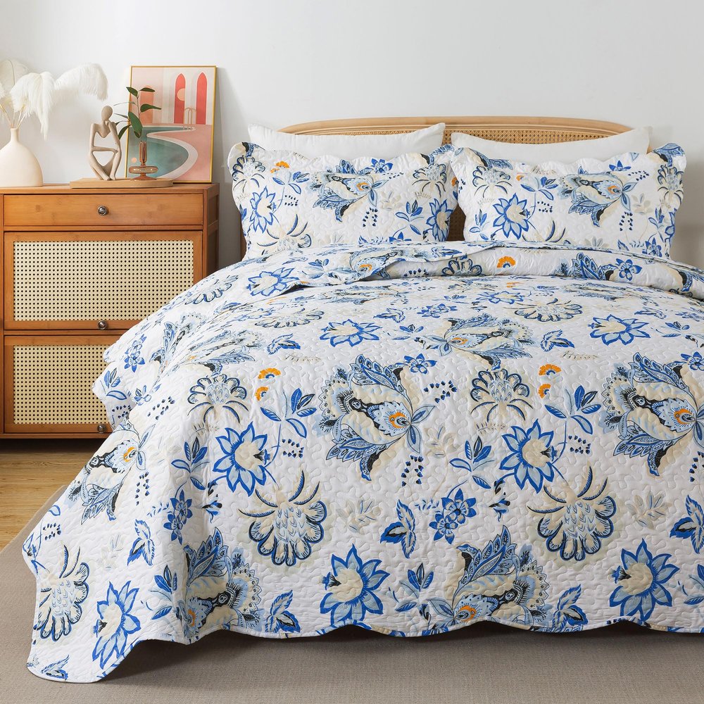HoneiLife Queen Quilt Bedding Set - 3 Pieces Floral Microfiber Sets Lightweight Bedspreads Wildflower Coverlets Retro Bed Cover All Season Quilts, Blue Branch, Queen/Full-90/''x96/''
