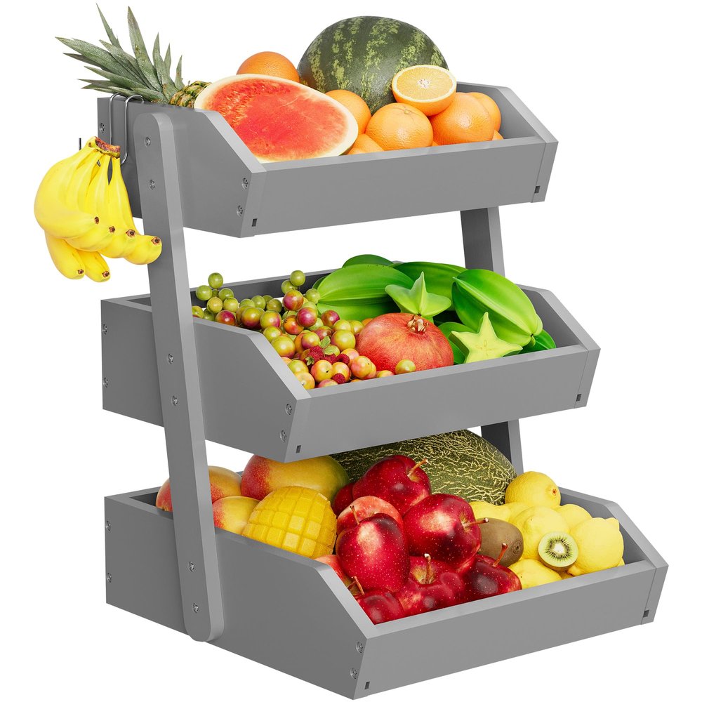 Bamboo 3 Tier Fruit Basket For Counter, Large Capacity Fruit Storage Countertop, Fruit Holder, Wooden Pantry Organizers and Storage, Kitchen Countertop Organizer With Two Banana Hangers (Grey)