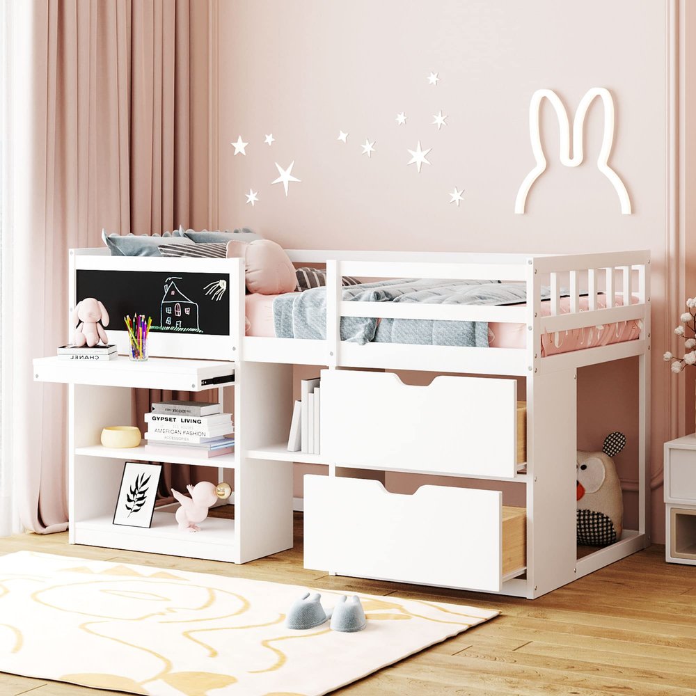 RUNNA Unique Wooden Twin Size Low Loft Bed with Rolling Desk and Shelf,2 Drawers and Guardrails,for Kids Boys Girls Teens Adults Bedroom (White@z, Twin)