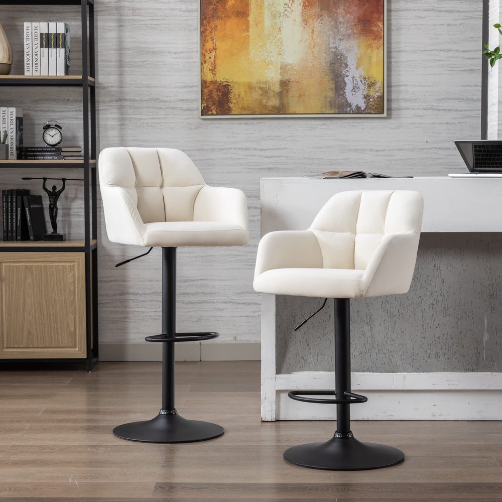 BESTANO Modern Swivel Bar Stools Set of 2 with Back Counter Height BarStools Adjustable Bar Chairs with Metal Footrest Velvet Upholstered Island Chairs for Kitchen Island, Beige