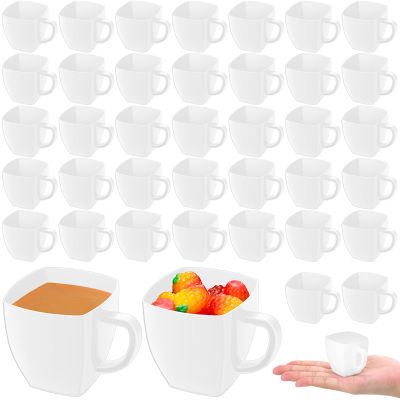 Amyhill 100 Pcs Disposable Tea Cups Mini Plastic Tea Cup Bulk with Handle Hard Plastic Coffee Mug Disposable Square Espresso Mug for Party Catering (White)