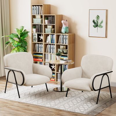 Aklaus Velvet Accent Chair Set of 2 for Living Room Bedroom Upholstered Modern Accent Chairs ArmChairs Reading Chairs Sherpa Club Barrel Chairs for Office Waiting Hosting Room Beige
