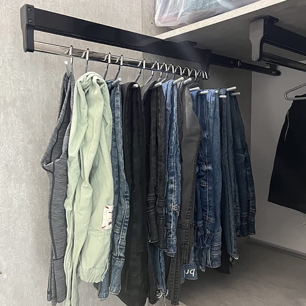 THEGA Extendable Pull Out Closet Rod - Sliding Wardrobe Closet Rod, Steel Extendable Wardrobe Rail, Extendable Clothes Rail with 2 Slides, Space-Saving, Load-Bearing Up to 25 Kg (Size : 600mm)