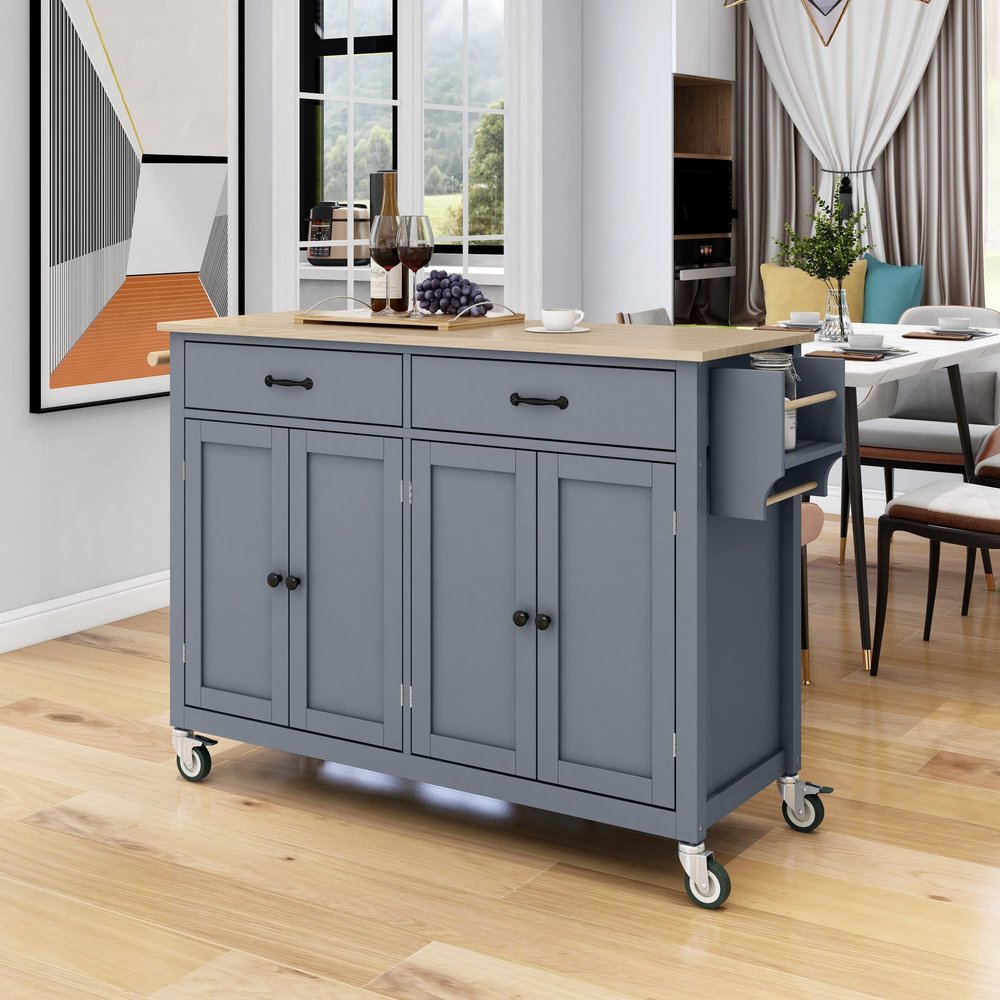 54.3" Width Kitchen Island Cart with 2 Drawers and 4 Door Cabinet, Spice Rack, Towel Rack, Wood Store Kitchen Cart with Solid Wood Top and Locking Wheels for Dining Room (Dusty blue-54.3 Inch Width)